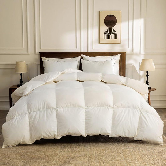 BPC Lightweight Organic Feather Down Comforter Super King, Hotel-Luxury Fluffy Duvet Insert with Cotton Cover and Puffy Feather Down Filling, for Summer/Hot Sleepers, Ivory White, 120x120 Inches