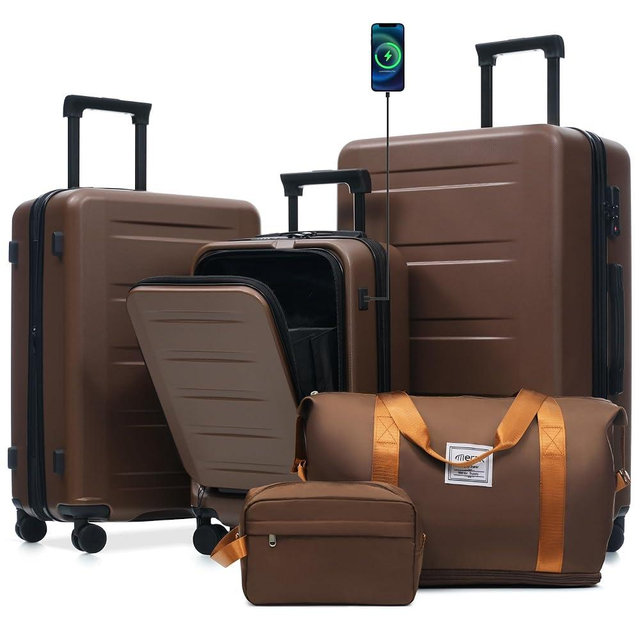 Merax Luggage Sets 5 Piece Front Open, Hardside 20" Carry On Suitcase Set with USB Port,Lightweight Expandable Travel 24" 28" Luggage with Bags TSA Locks Double Spinner Wheels,Brown