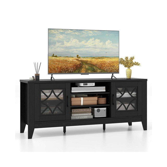 Costway TV Stand for TVs up to 65" with 3-Position Adjustable Shelves Tempered Glass Doors