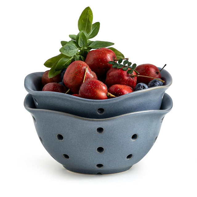 Gomakren Ceramic Berry Basket Set of 2, Elegant Fruit Basket Container 6 Inch, Fruit Bowl with Holes for Kitchen Counter, Berries, Strawberry, Grape, Cherry, Floral Shape - Slate Blue