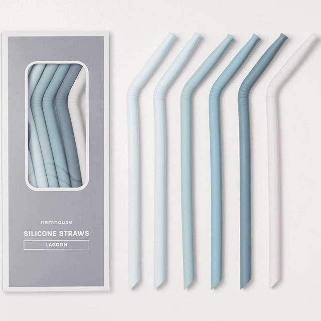 Silicone Straws - Reusable Drinking Straws w/ Cleaning Brush - Long, Flexible and Bendy Straws For Tumblers and Cups - BPA Free, Food Grade Silicone, Dishwasher Safe - Set of 6 (Lagoon)