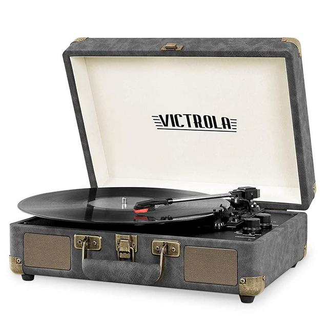 Victrola Vintage 3-Speed Bluetooth Portable Suitcase Record Player with Built-in Speakers | Upgraded Turntable Audio Sound| Includes Extra Stylus | Faux Lambskin Gray with Bronze