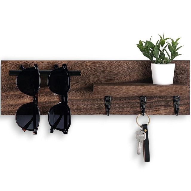 Lucundm Key Holder for Wall, Decorative Entryway Shelf with Hooks Holds Keys, Dog Leash, Sunglasses – Key Hanger with 3 Hooks Organizes, Enhances Home Decor (15” x 4.5” x 2.6”) (Brown)