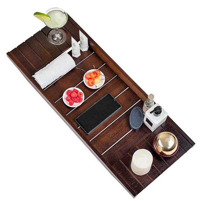 Bathtub Caddy Tray, Crafted Rustic Wooden Bath Caddy for Wine Holder, Shampoo, Razors, Towel, Candle 28 Inch / 70 CM By STYLE Rustic Wood (Brown)