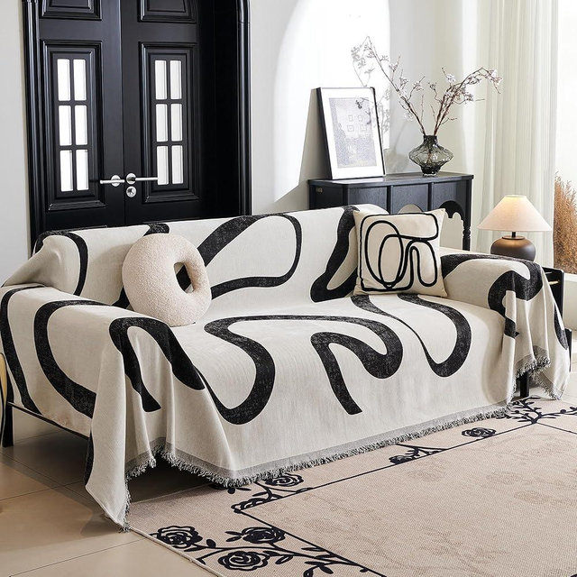 MYSKY HOME Boho Couch Cover Super Soft Couch Covers for 2-3 Cushion Couch Sofa, Modern Black Jacquard Sofa Slipcover Loveseat Futon Cover, Couch Covers for Sectional Sofa, 71" x 102", Black Curve