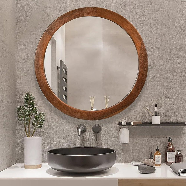 CULER Round Wood Mirror 24 Inch,Circle Mirror with Walnut Frame for Wall,Rustic Decorative Round Wall Mirror for Bathroom Bedroom Entryway（Brown）