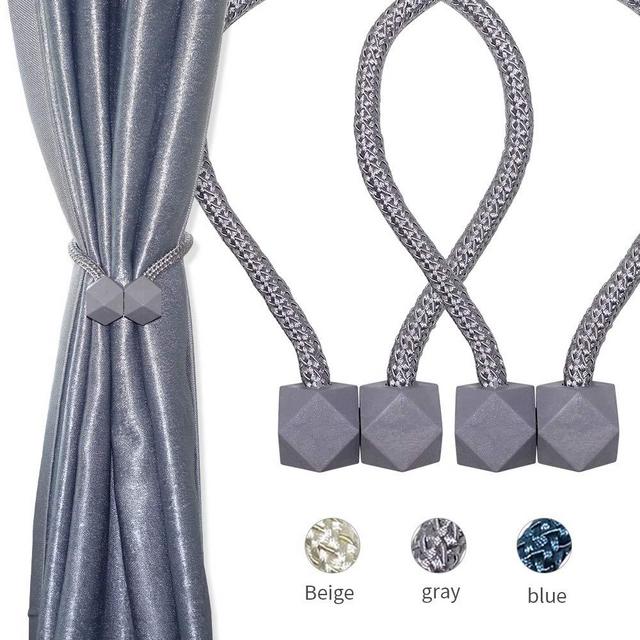 HHGZON 2PCS Magnetic Curtain Tiebacks Wheat Straw Material Diamond Style Braided Adjustable Rope Curtain Holdbacks Modern Design for Window Decor Darpery Curtain Accessories 18 inch (Gray)