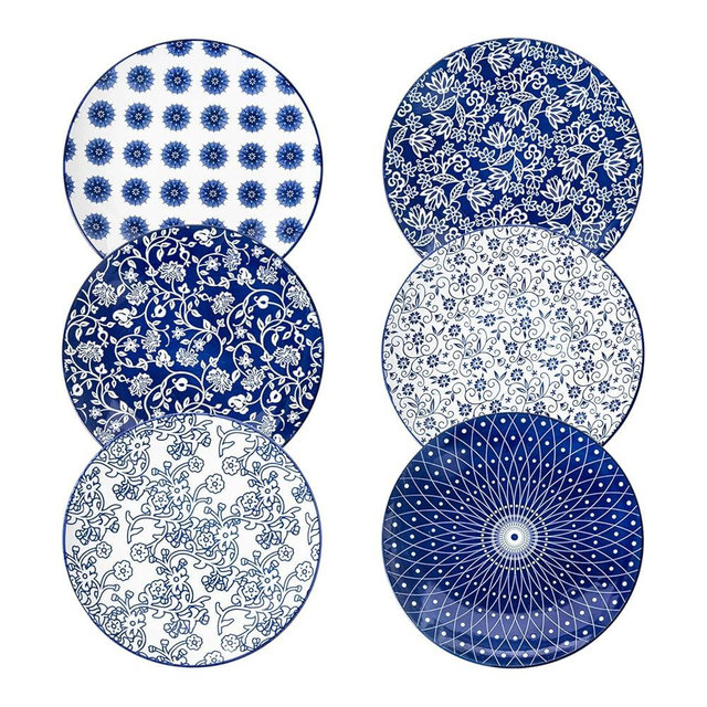 Cerkik Ceramic Dinner Plates Set - 10.5 Inch Large Kitchen Porcelain Salad Serving Plate for Pasta Steak Pizza Pancakes - Scratch Resistant Dishwasher Oven Microwave Safe - Set of 6 - Vintage Blue
