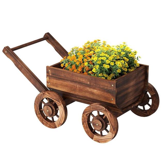 Furshus Wood Planters with Wheels Rustic,Wood Wagon Flower Pot for Indoor Outdoor Backyard Balcony Decor, Garden Decor (Small)