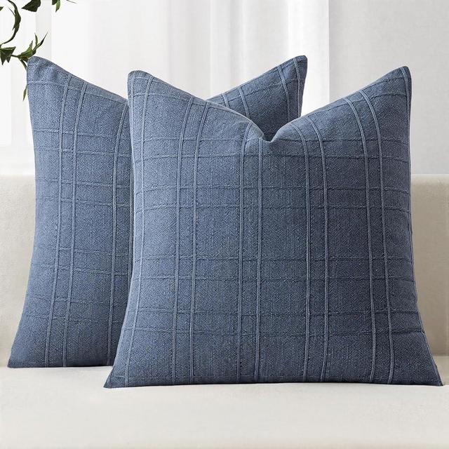 MIULEE Decorative Linen Check Euro Shams Throw Pillow Covers Neutral Farmhouse Vintage Pillow Covers 22x22 Set of 2 Boho Modern Home Decor for Sofa Couch Bedroom Cushion Blue