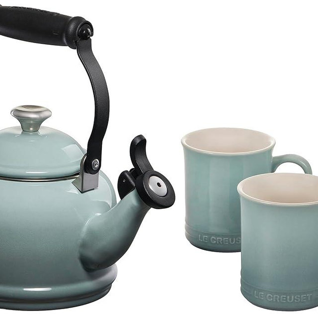 Le Creuset Enamel On Steel Demi Kettle with Metal Finishes & Stoneware Set of 2 Mugs, 1.25 qt. Kettle & (2) 14 oz. Mugs, Sea Salt