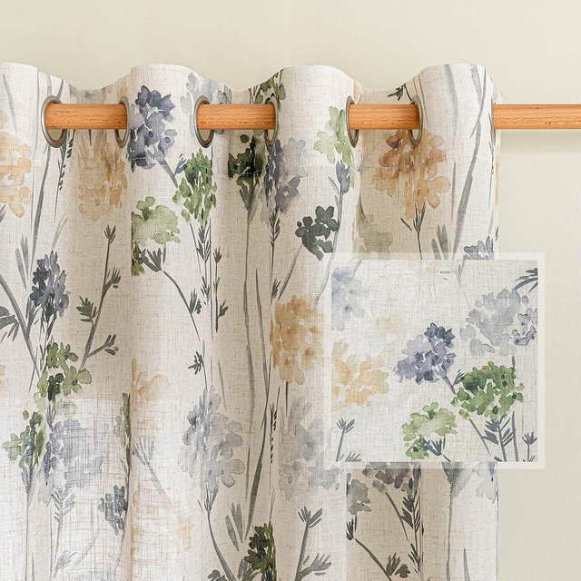 MYSKY HOME Sage Green Floral Linen Spring Curtains 84 inch Long 2 Panels Set Semi Sheer Light Filtering Farmhouse Flower Pattern Grommet Top for Living Room Bedroom, 52" W Each Panel