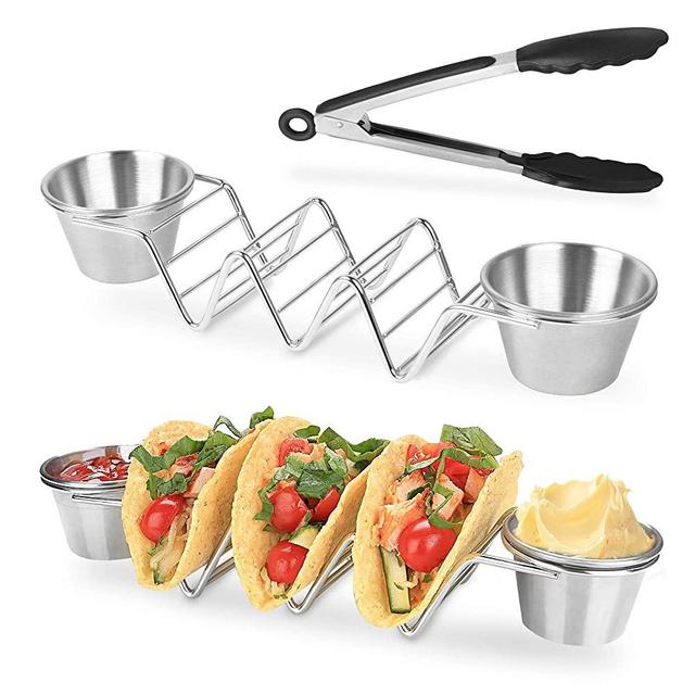Milkary 2 PCS Taco Holders Stand with 10in Kitchen Clip, Stainless Steel Spanish Taco Shell Rack Holds Trays for Oven Baking Grill, Dishwasher Safe