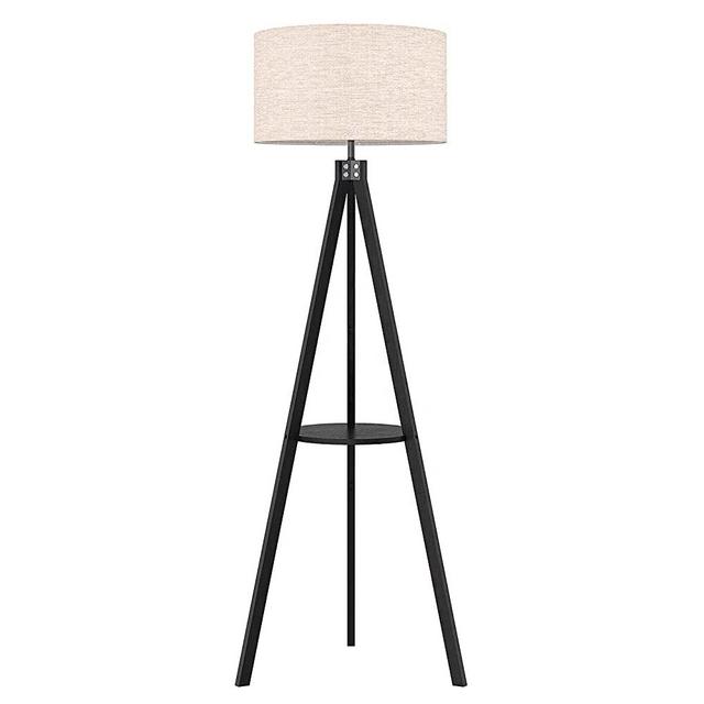LEPOWER Tripod Floor Lamp, Mid Century Standing Lamp with Shelf, Modern Design Wooden Floor Lamps for Living Room, Bedroom, Office , Flaxen Lamp Shade with E26 Lamp Base (Black)