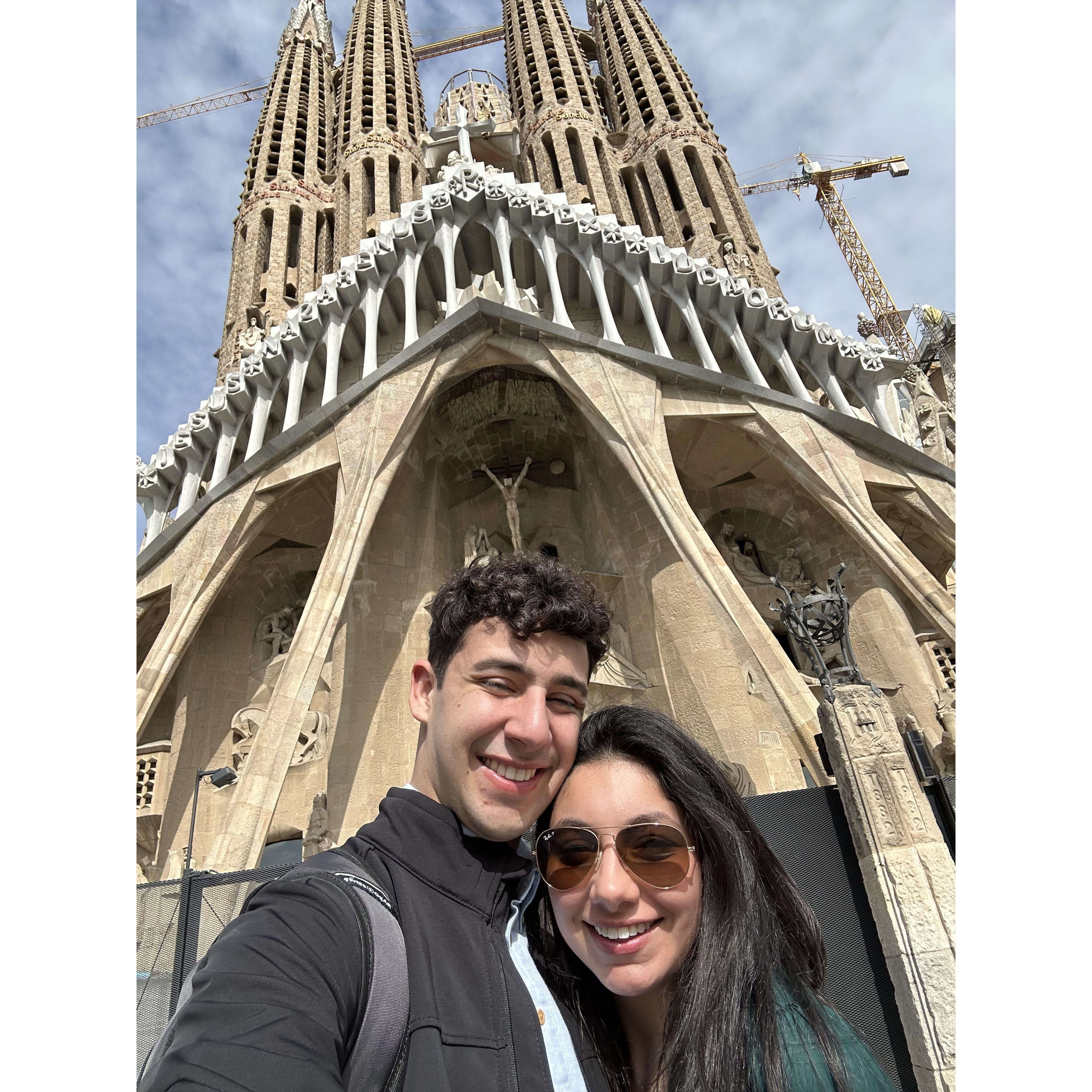 Visiting La Sagrada Familia during our 7-hour meetup in Barcelona, Spain