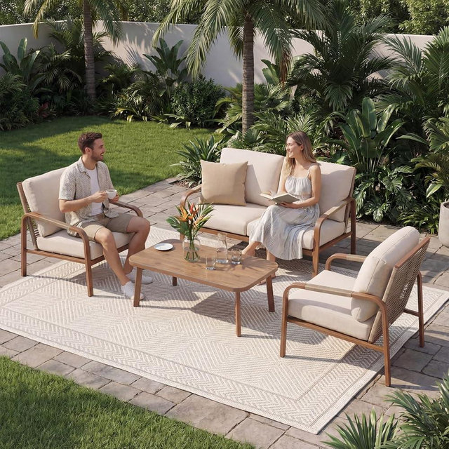 YURDAFY Aluminum Patio Conversation Set, 4-Piece Outdoor Furniture with Coffee Table, Loveseat and Cushions, All-Weather Sofa Set, Beige