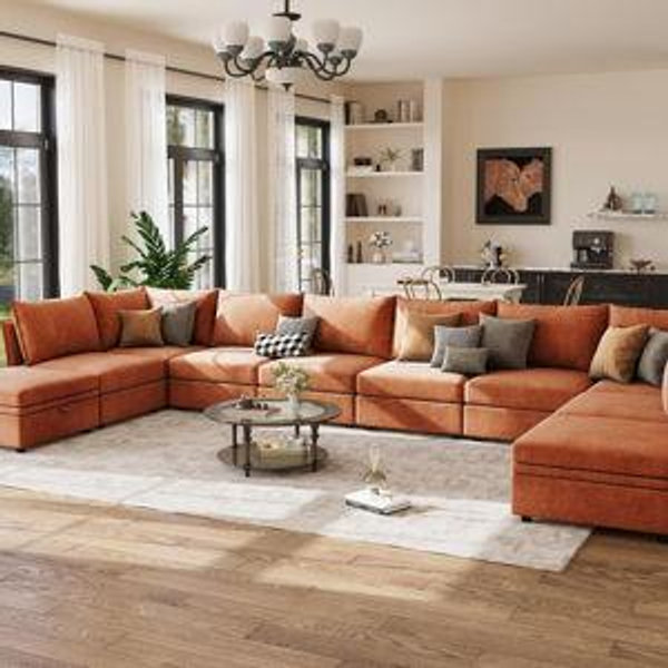 198.6" Oversized Modular Sectional Sofa, U Shaped Convertible Couch with Movable Ottoman, Large 10 Seats Corner Couches for Living Room Deep Seat Terracotta Chenille