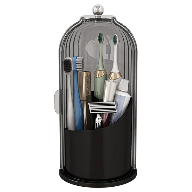 Zufudo Dustproof Toothbrush Holders with Cover, Rotating Electric Toothbrush and Toothpaste Holder for Bathroom Countertop, 3 Slots Makeup Brushes Organizer, Grey Black