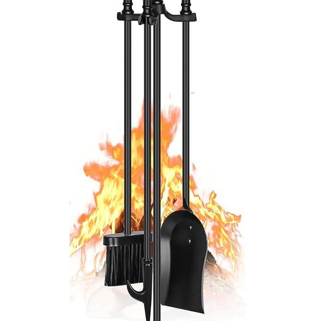FEED GARDEN Fireplace Tools Set 4 Pieces, 31 Inch Modern Indoor Outdoor Wrought Iron Fire Place Set Tools, Black Fireplace Accessories Included Poker, Shovel, Brush, Base