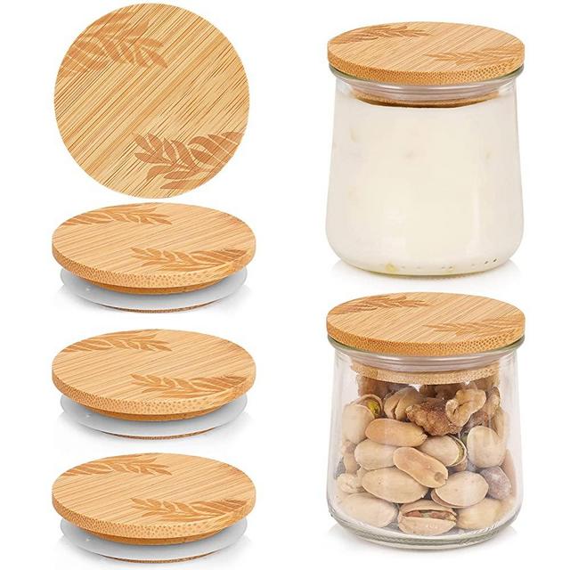 Oui Yogurt Jar Lids, Oui Yogurt Bamboo Jar Lids Set, Wooden Lids for Oui Yogurt Jars, Oui Yogurt Jars Lids with Silicone Sealing Rings Leaves Pattern, Cookie Glass Storage Lids, 4 Pack