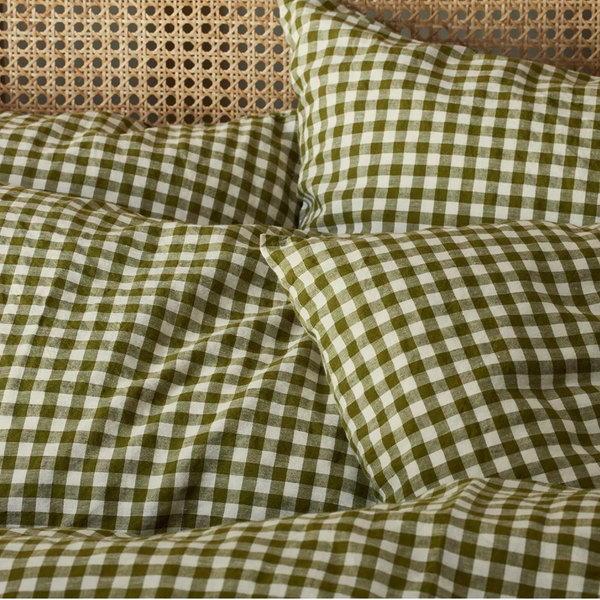 Botanical Green Gingham 100% Linen Standard Pillowcases (Pair)