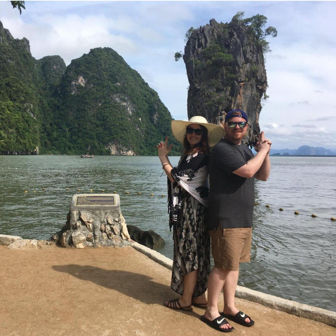 We're standing in front of "James Bond Island" from...I don't remember which James Bond movie. But they filmed here! This is Phuket, Thailand.
