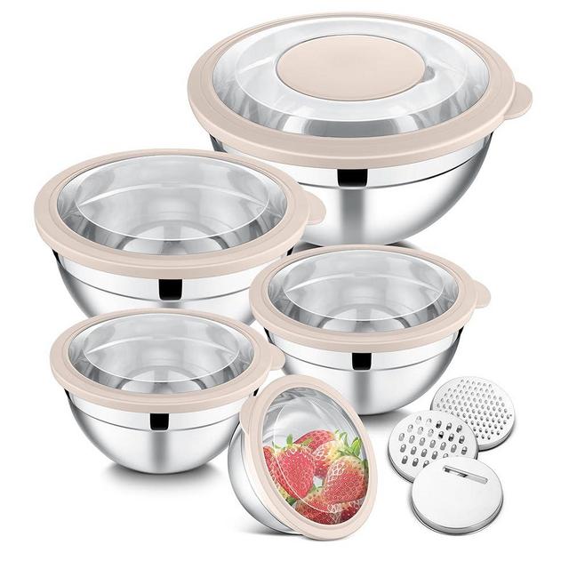 E-far Mixing Bowls Set of 5, Stainless Steel Salad Mixing Bowl with Transparent Lid, Metal Nesting Bowl Attach with 3 Graters for Kitchen Prepping/Serving/Baking/Storage, 4.6/2.6/1.5/1/0.7 QT - Khaki