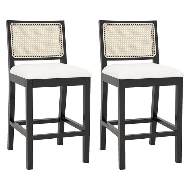Westice Rattan Bar Stools Set of 2, 26" Farmhouse Counter Height Stools with Cane Back and Wood Frame, Upholstered Line Fabric Seat Cushion, Wooden Chairs for Kitchen Island/Pub, Black