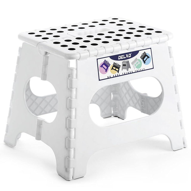 Delxo Folding Step Stool,11 Inch Non-Slip Foldable Step Stools for Kids and Adults,Portable Foldable Step Stool Lightweight Small Folding Stool with Handle for Kitchen Bathroom in White,1 Pack