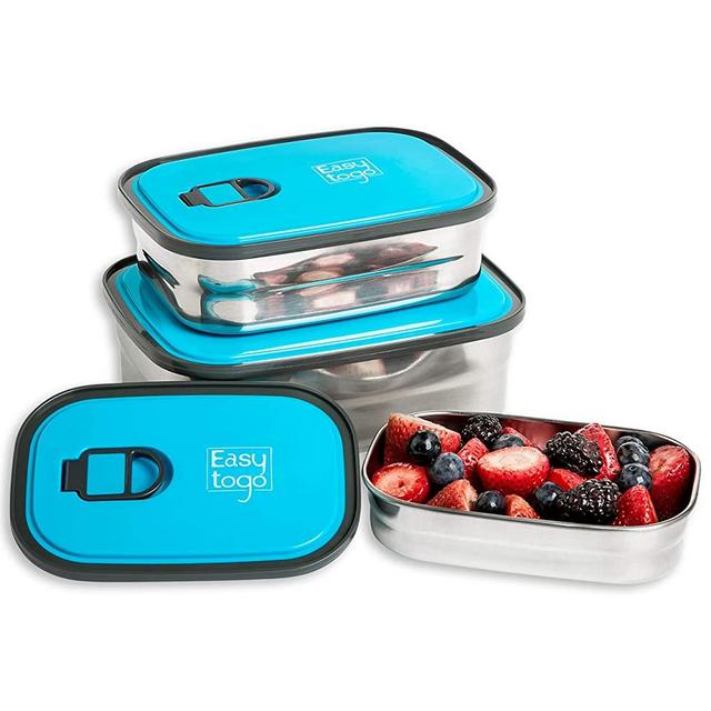Leak Proof Bento Lunch Box Set | Reusable 3 Pack | Nesting Stainless Steel Metal Storage Food Containers for Men, Women & Kids | BPA Free | Work / School Lunches Durable Sandwich Boxes (Blue)