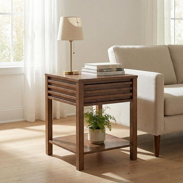 Martin Svensson Home Julian Genuine Oak Wood End Table, 20 Inch Square, Mid Century Modern Side Table with Drawer and Lower Shelf for Living Room, Mission Brown