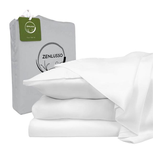 ZENLUSSO Queen Sheets, 100% Viscose Made from Bamboo Sheet Set, Cooling, Head Foot Tags with 16” Deep Pocket, Luxuriously Soft 4 Piece Bed Sheet Set (White, Queen)