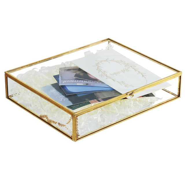 HighFree Gold Glass Photo Box - Vintage Photo Storage Organizer - Keepsake Display Box - Clear Jewelry Glass Box - Home Decor Box for Trinket Rings Bracelet (Large)