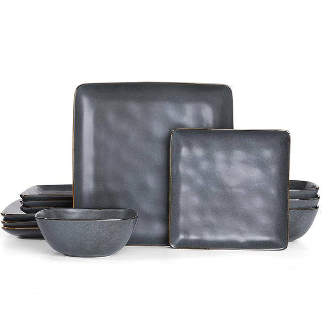 Famiware Dinnerware Sets for 4, Ocean Square 12-Piece Kitchen Plates and Bowls Sets, Microwave and Dishwasher Safe, Scratch Resistant, Matte Black