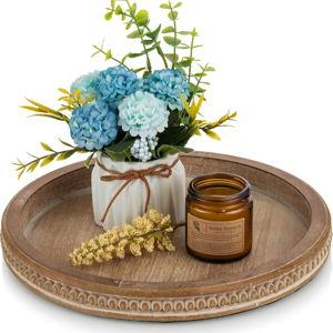Hanobe Round Wooden Tray Decor: Decorative Candle Plate Holder Tray for Coffee Table - Rustic Farmhouse Table Centerpiece for Home Living Room Kitchen Counter(Brown)