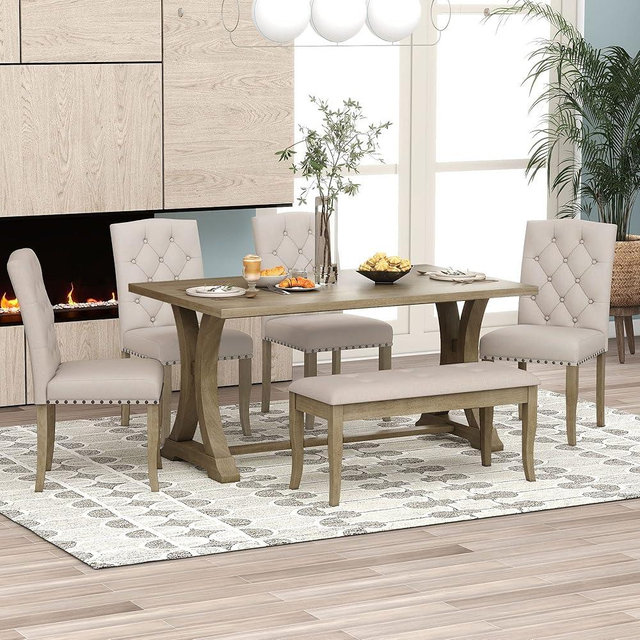 6-Piece Dining Table Set with Bench for 6 Rectangular Kitchen Table Set with 4 Chairs & Bench Retro Dining Room Table and Chairs with Bench for Kitchen, Dining Room (Natural Wood Wash+White)