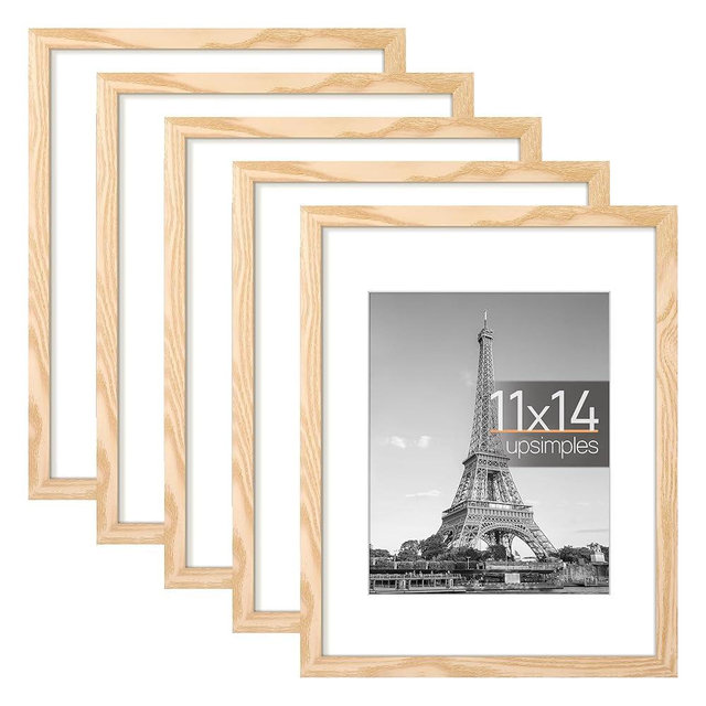upsimples 11x14 Picture Frame Set of 5, Display Pictures 8x10 with Mat or 11x14 Without Mat, Wall Gallery Photo Frames, Natural