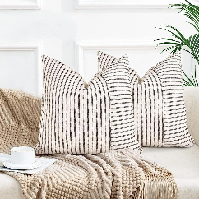 Farmhouse Pillow Covers 22x22, Modern Accent Square Throw Pillow Covers Set of 2, Gray and Beige Striped Patchwork Linen Decorative Pillows Cushion Covers for Couch Chair Bedroom Fall Decorations