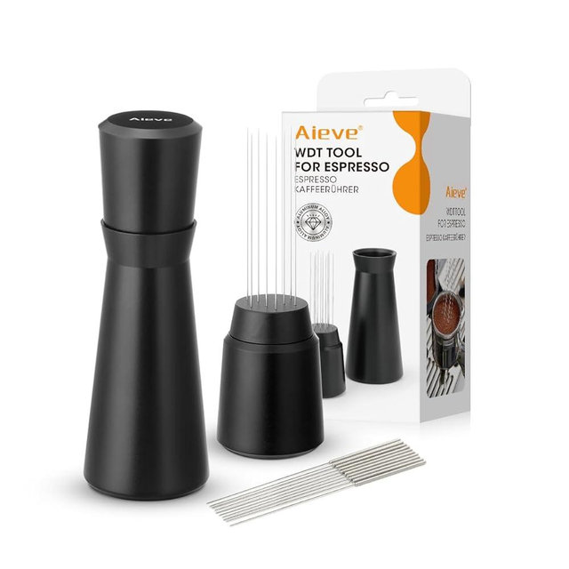 Aieve WDT Tool Espresso, Metal Distribution Tool with 10 x 0.4mm Stainless Steel Needles Espresso Stirrer, Coffee Distributor Aluminum Alloy Handle & Stand with 10 Extra Needle