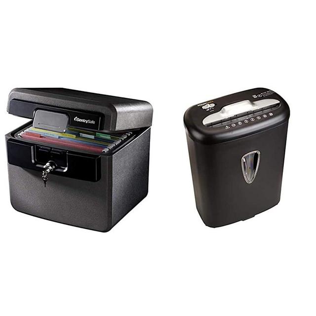 SentrySafe HD4100 Fireproof Safe and Waterproof Safe with Key Lock 0.65 Cubic Feet & Amazon Basics 8-Sheet Capacity, Cross-Cut Paper and Credit Card Shredder, 4.1 Gallon