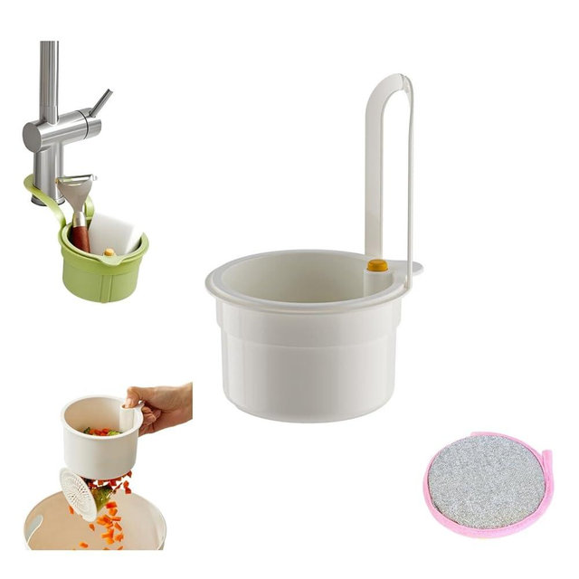 Anpyxun 2025 New Faucet Hanging Strainer & Kitchen Drain Storage Basket - Multi-Purpose Essentials, Food Fruit Vegetable Drain Shelf Sink Storage Holder with Fine Mesh, Includes Sponge Brush (White)