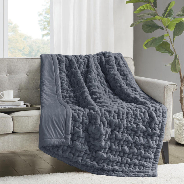 Ruched Fur Throw Blanket- Slate Blue