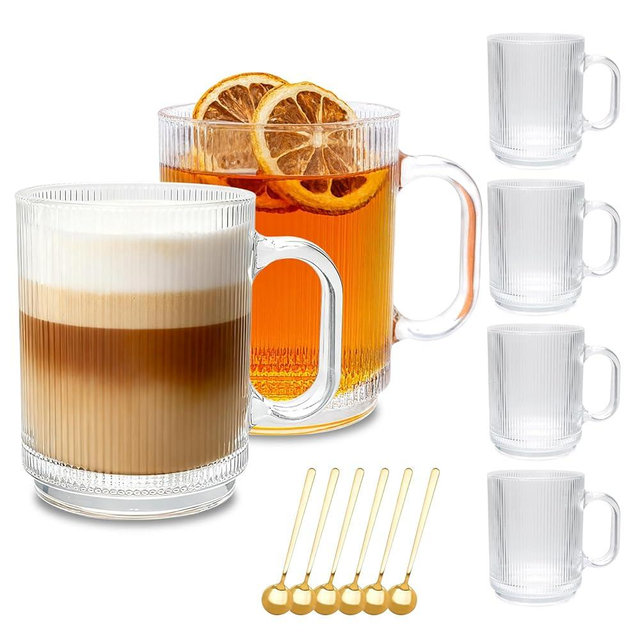 6 PACK Glass Coffee Cups with Handle & Spoon, 12 OZ Glass Coffee Mugs, Ribbed Glass Cups, Clear Tea Cup for Hot/Cold Beverages, Glassware Set for Americano, Latte, Cappuccino