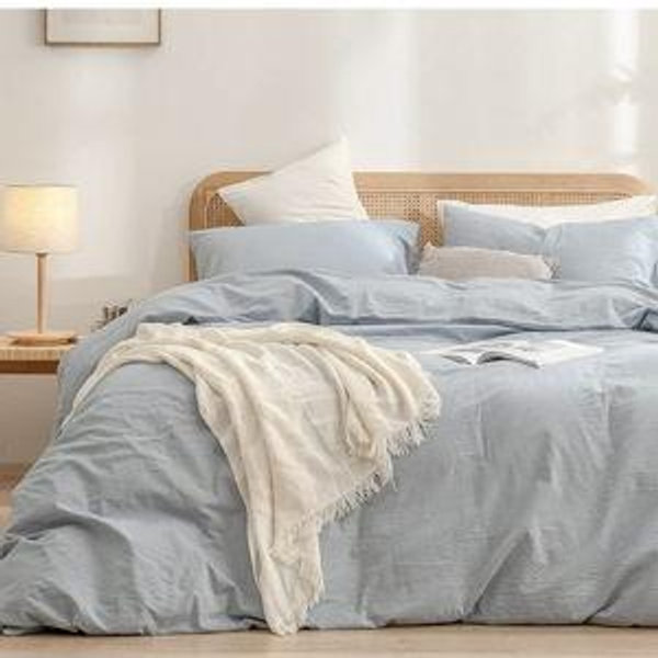 BESTOUCH Duvet Cover Set 100% Washed Cotton Linen Feel Super Soft Comfortable Chic Lightweight 3 PCs Home Bedding Set Cornflower Blue King