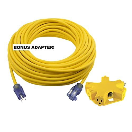Clear Power 100 ft Extra Heavy Duty Contractor Grade Extension Cord 12/3 SJTOW with 5 Outlet Adapter Combo, Oil Water & Weather Resistant, Flame Retardant, Yellow, 3 Prong Grounded Plug, CPCO90001