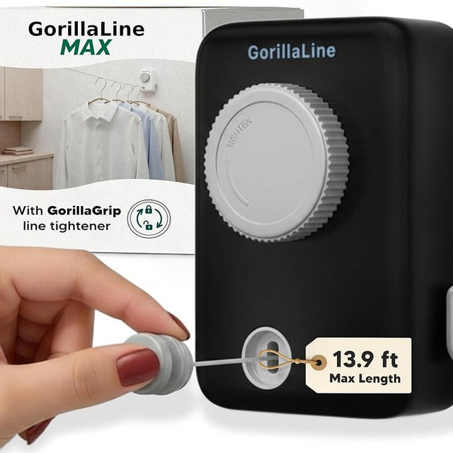 GorillaLine Max – Retractable Clothesline Indoor Outdoor, Non-Sagging Heavy Duty Clothes Drying Line, Wall Mounted Drying Rack, Air Dry Clothing, Max Tighten with GorillaGrip