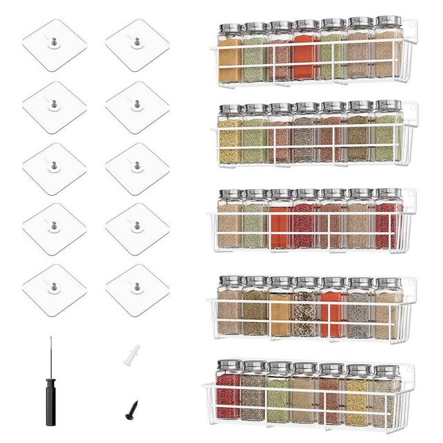 Mystozer 5 Pack Spice Rack Seasoning Organizer Wall Mount, Screw or Adhesive Hanging Shelf Basket Spice Organizer Shelf for Kitchen, White
