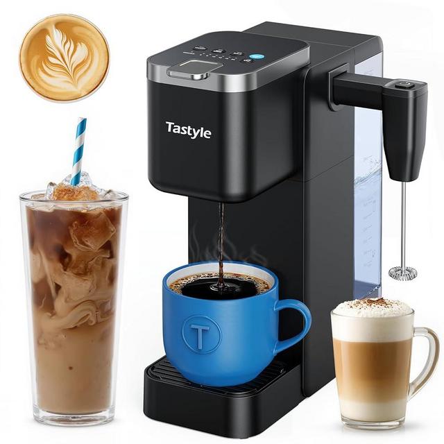 Tastyle Single Serve Coffee Maker with Detachable Milk Frother, Iced and Hot Coffee Machine for K Cup & Grounds, 40oz Removable Water Reservoir, 6 Brew Sizes, Fits 7.3" Travel Mug, Black