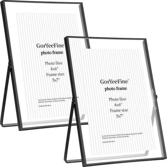 Black 5x7'' Floating Picture Frame Set of 2,For Photo Sizes (3.5 x5'',4x 6''), Beautiful Metal Beaded Edge Frames Adjustable Tabletop/Shelf Photo Frame,Classy Gift Choice for Wedding,Christmas,Party