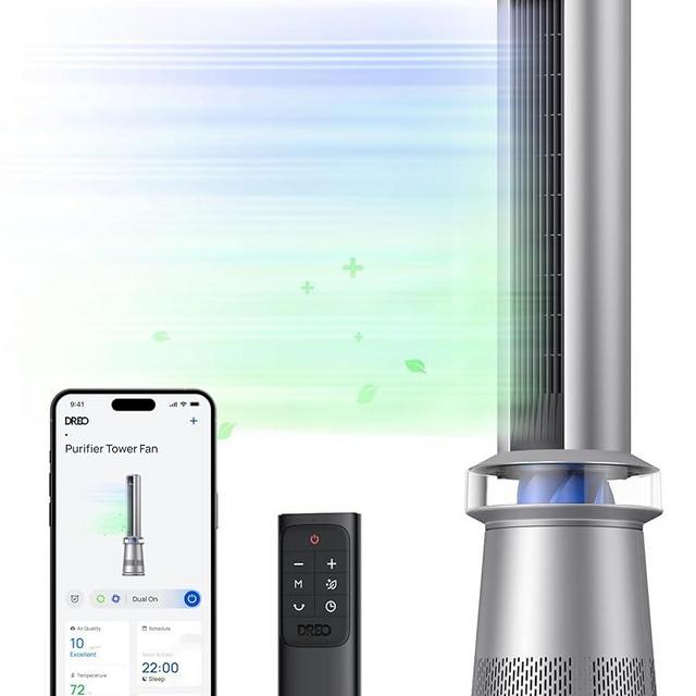Dreo Air Purifier Tower Fan, 45" 2-in-1 Smart Fan for Bedroom, 27ft/s Velocity, 120°Oscillation, 24H Timer, APP Control Bladeless Fans for Home, 25dB Low Noise, Standing Fan Works with Alexa, MC710S